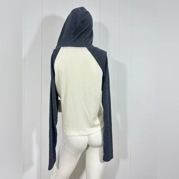 NWT Pink Republic Hooded Shirt Gray/Ivory Long Sleeve Women's Tee Waffle Knit - Picture 2 of 6